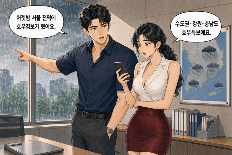 강태윤과 한서윤이 함께 등장하는 웹툰 1컷. 강태윤: 어젯밤 서울 전역에 호우경보가 떴어요. 한서윤: 수도권·강원·충남도 호우특보예요.