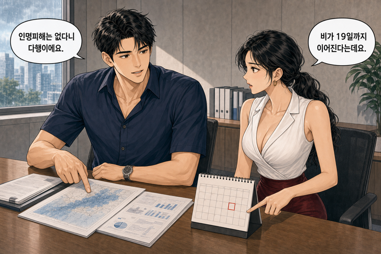 강태윤과 한서윤이 함께 등장하는 웹툰 2컷. 강태윤: 인명피해는 없다니 다행이에요. 한서윤: 비가 19일까지 이어진다는데요.
