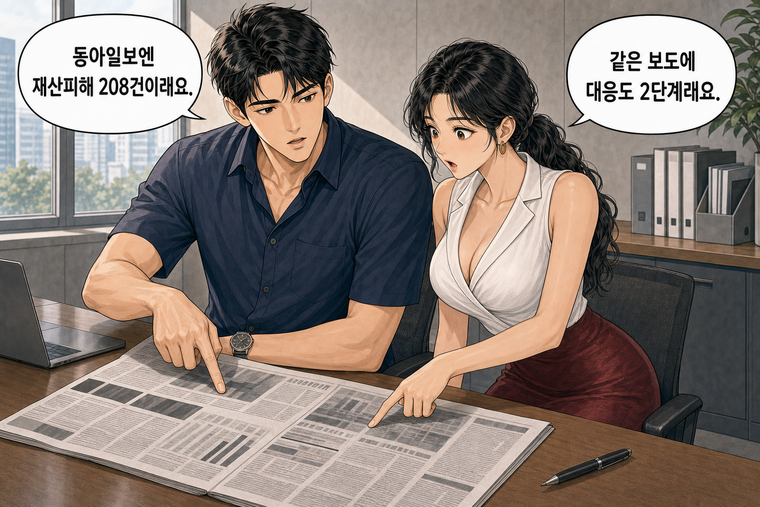 강태윤과 한서윤이 함께 등장하는 웹툰 3컷. 강태윤: 동아일보엔 재산피해 208건이래요. 한서윤: 같은 보도에 대응도 2단계래요.