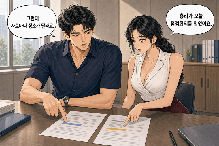 강태윤과 한서윤이 함께 등장하는 웹툰 4컷. 한서윤: 총리가 오늘 점검회의를 열었어요. 강태윤: 그런데 자료마다 장소가 달라요.