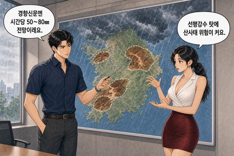 강태윤과 한서윤이 함께 등장하는 웹툰 5컷. 강태윤: 경향신문엔 시간당 50∼80㎜ 전망이래요. 한서윤: 선행강수 탓에 산사태 위험이 커요.