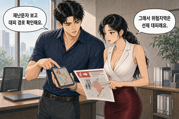 강태윤과 한서윤이 함께 등장하는 웹툰 6컷. 한서윤: 그래서 위험지역은 선제 대피래요. 강태윤: 재난문자 보고 대피 경로 확인해요.