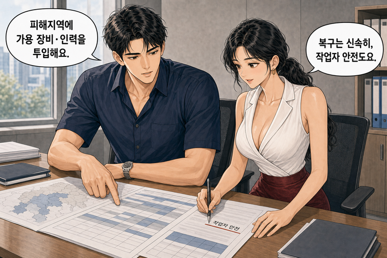 강태윤과 한서윤이 함께 등장하는 웹툰 7컷. 강태윤: 피해지역에 가용 장비·인력을 투입해요. 한서윤: 복구는 신속히, 작업자 안전도요.