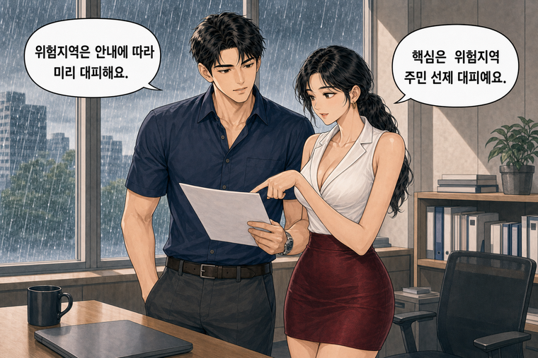 강태윤과 한서윤이 함께 등장하는 웹툰 8컷. 한서윤: 핵심은 위험지역 주민 선제 대피예요. 강태윤: 위험지역은 안내에 따라 미리 대피해요.