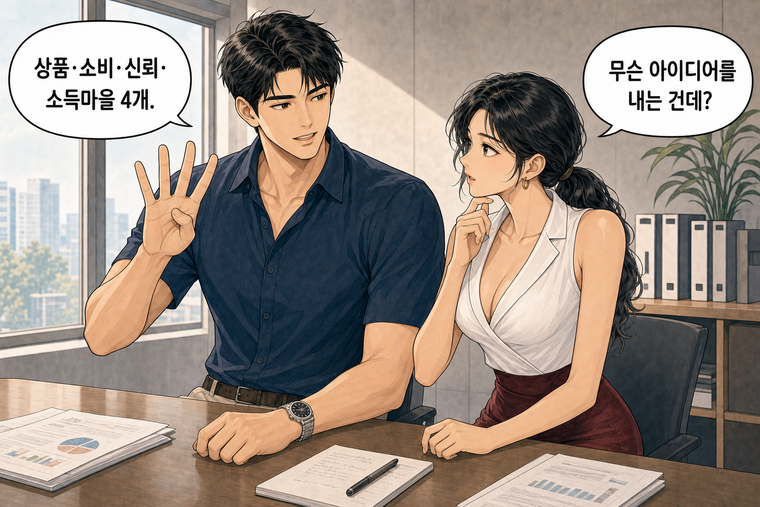 강태윤과 한서윤이 함께 등장하는 웹툰 2컷. 한서윤: 무슨 아이디어를 내는 건데? 강태윤: 상품·소비·신뢰·소득마을 4개.