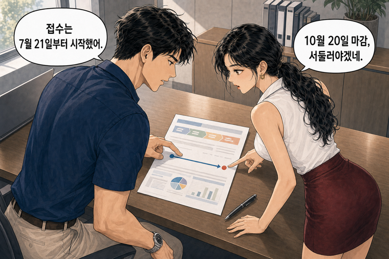 강태윤과 한서윤이 함께 등장하는 웹툰 3컷. 강태윤: 접수는 7월 21일부터 시작했어. 한서윤: 10월 20일 마감, 서둘러야겠네.