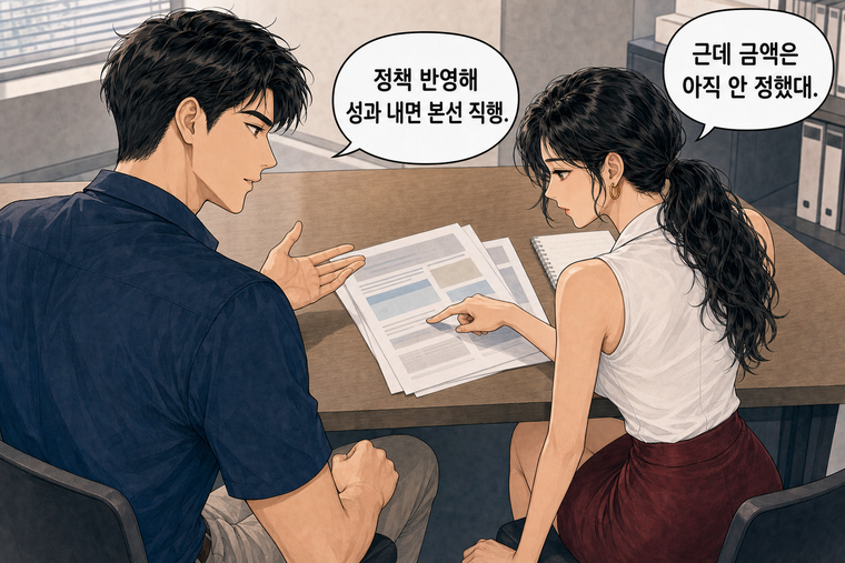 강태윤과 한서윤이 함께 등장하는 웹툰 6컷. 한서윤: 근데 금액은 아직 안 정했대. 강태윤: 정책 반영해 성과 내면 본선 직행.