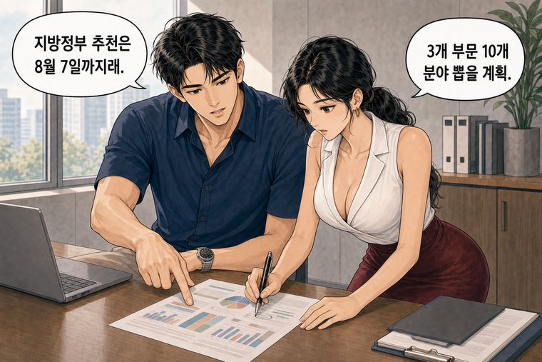 강태윤과 한서윤이 함께 등장하는 웹툰 7컷. 강태윤: 지방정부 추천은 8월 7일까지래. 한서윤: 3개 부문 10개 분야 뽑을 계획.