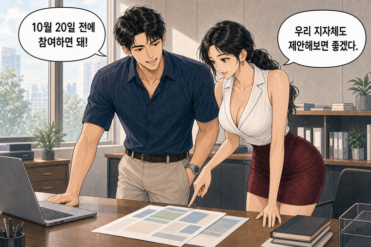 강태윤과 한서윤이 함께 등장하는 웹툰 8컷. 한서윤: 우리 지자체도 제안해보면 좋겠다. 강태윤: 10월 20일 전에 참여하면 돼!