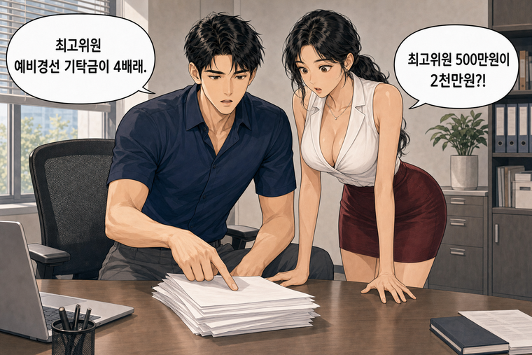 강태윤과 한서윤이 함께 등장하는 웹툰 1컷. 강태윤: 최고위원 예비경선 기탁금이 4배래. 한서윤: 최고위원 500만원이 2천만원?!