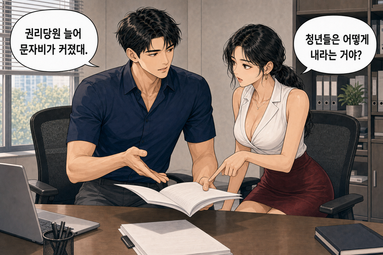 강태윤과 한서윤이 함께 등장하는 웹툰 2컷. 한서윤: 청년들은 어떻게 내라는 거야? 강태윤: 권리당원 늘어 문자비가 커졌대.