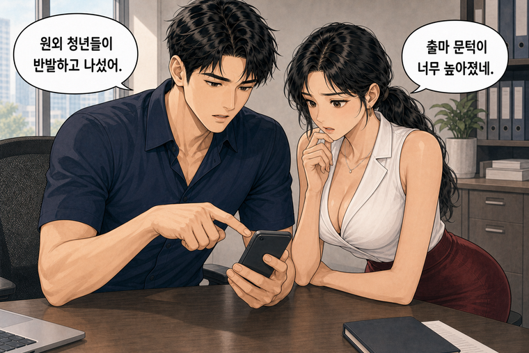 강태윤과 한서윤이 함께 등장하는 웹툰 3컷. 강태윤: 원외 청년들이 반발하고 나섰어. 한서윤: 출마 문턱이 너무 높아졌네.
