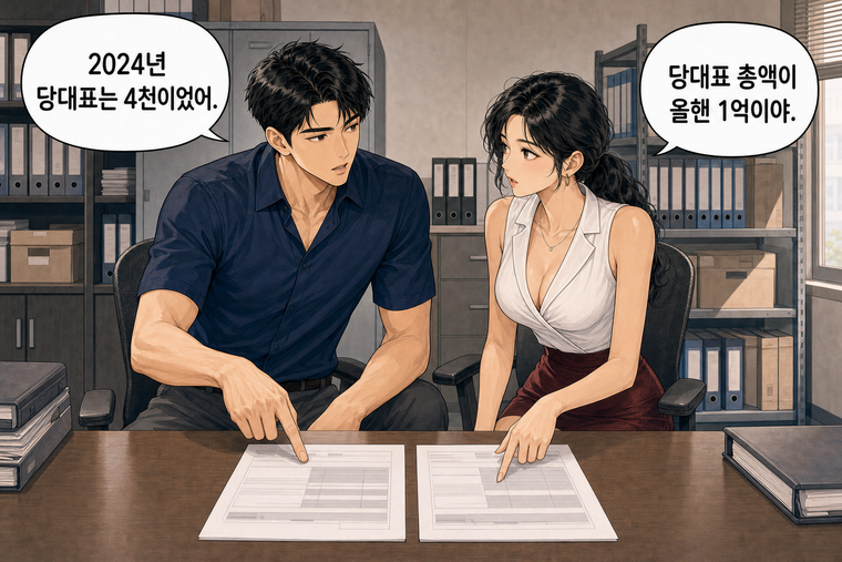 강태윤과 한서윤이 함께 등장하는 웹툰 4컷. 한서윤: 당대표 총액이 올핸 1억이야. 강태윤: 2024년 당대표는 4천이었어.