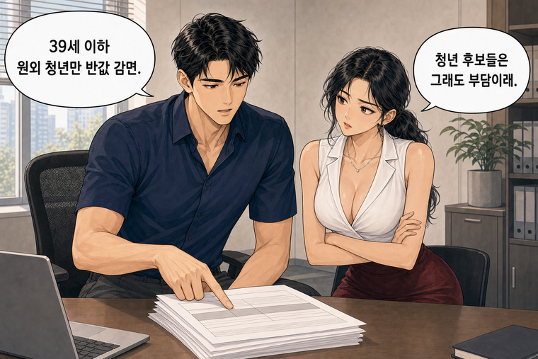 강태윤과 한서윤이 함께 등장하는 웹툰 5컷. 강태윤: 39세 이하 원외 청년만 반값 감면. 한서윤: 청년 후보들은 그래도 부담이래.