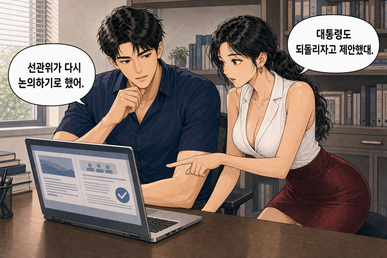 강태윤과 한서윤이 함께 등장하는 웹툰 6컷. 한서윤: 대통령도 되돌리자고 제안했대. 강태윤: 선관위가 다시 논의하기로 했어.
