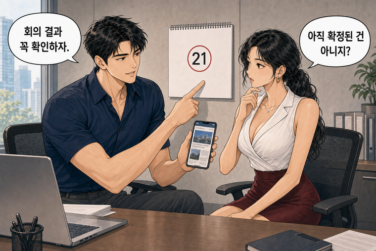 강태윤과 한서윤이 함께 등장하는 웹툰 8컷. 한서윤: 아직 확정된 건 아니지? 강태윤: 회의 결과 꼭 확인하자.