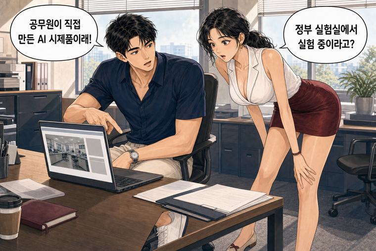 강태윤과 한서윤이 함께 등장하는 웹툰 1컷. 강태윤: 공무원이 직접 만든 AI 시제품이래! 한서윤: 정부 실험실에서 실험 중이라고?
