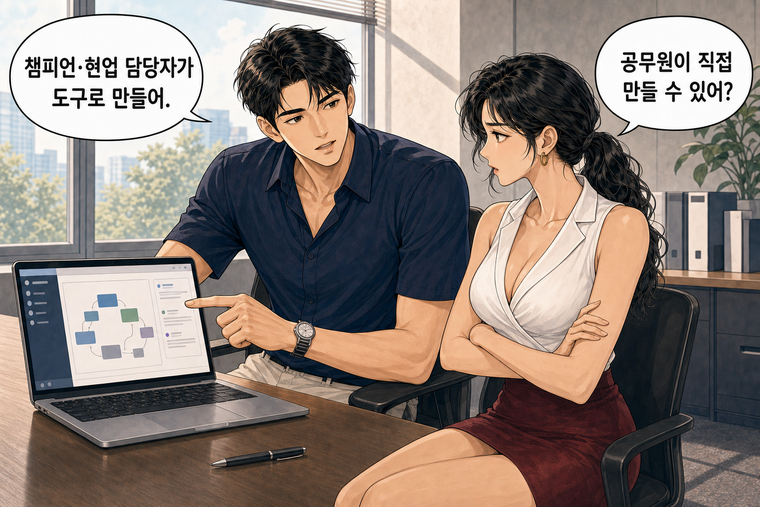 강태윤과 한서윤이 함께 등장하는 웹툰 2컷. 한서윤: 공무원이 직접 만들 수 있어? 강태윤: 챔피언·현업 담당자가 도구로 만들어.