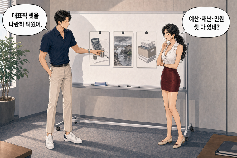 강태윤과 한서윤이 함께 등장하는 웹툰 3컷. 강태윤: 대표작 셋을 나란히 띄웠어. 한서윤: 예산·재난·민원 셋 다 있네?