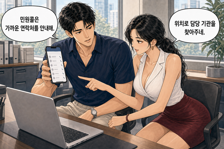 강태윤과 한서윤이 함께 등장하는 웹툰 5컷. 강태윤: 민원콜은 가까운 연락처를 안내해. 한서윤: 위치로 담당 기관을 찾아주네.