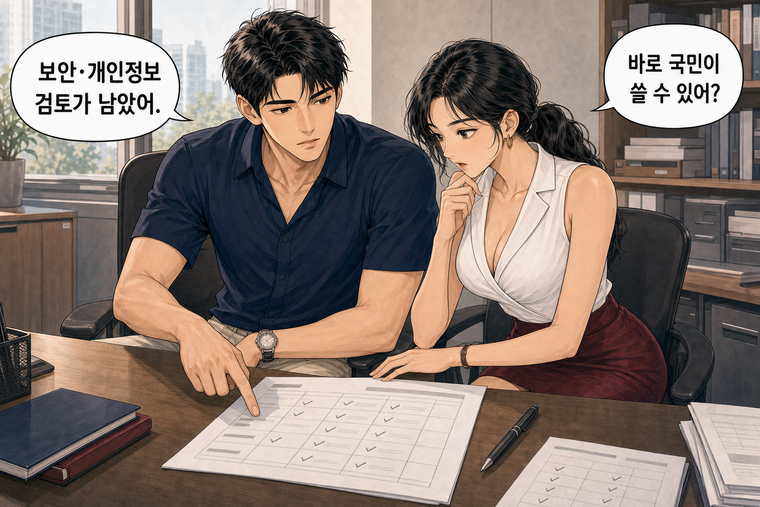 강태윤과 한서윤이 함께 등장하는 웹툰 6컷. 한서윤: 바로 국민이 쓸 수 있어? 강태윤: 보안·개인정보 검토가 남았어.