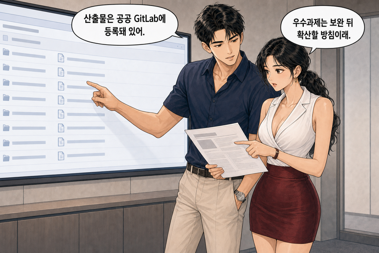 강태윤과 한서윤이 함께 등장하는 웹툰 7컷. 강태윤: 산출물은 공공 GitLab에 등록돼 있어. 한서윤: 우수과제는 보완 뒤 확산할 방침이래.