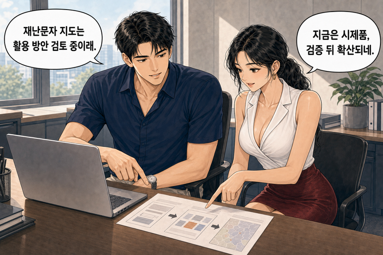 강태윤과 한서윤이 함께 등장하는 웹툰 8컷. 한서윤: 지금은 시제품, 검증 뒤 확산되네. 강태윤: 재난문자 지도는 활용 방안 검토 중이래.