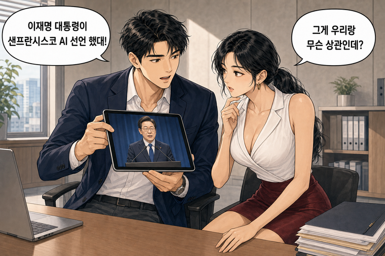강태윤과 한서윤이 함께 등장하는 웹툰 1컷. 강태윤: 이재명 대통령이 샌프란시스코 AI 선언 했대! 한서윤: 그게 우리랑 무슨 상관인데?
