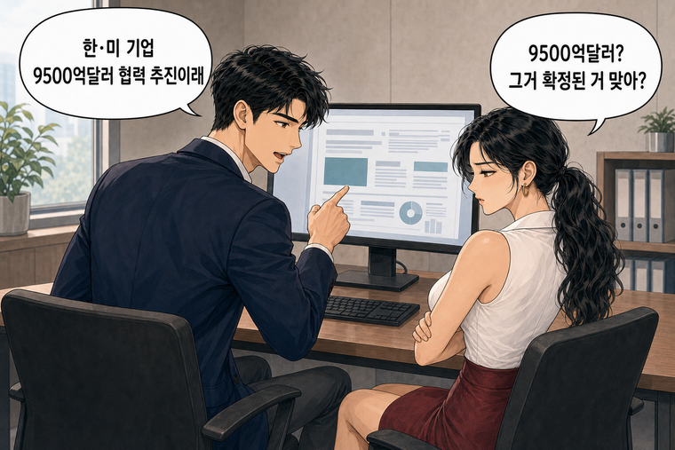 강태윤과 한서윤이 함께 등장하는 웹툰 2컷. 강태윤: 한·미 기업 9500억달러 협력 추진이래 한서윤: 9500억달러? 그거 확정된 거 맞아?