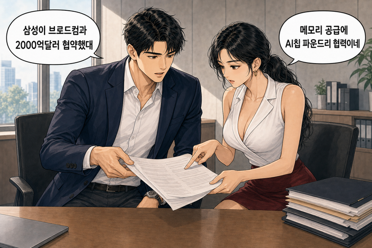 강태윤과 한서윤이 함께 등장하는 웹툰 3컷. 강태윤: 삼성이 브로드컴과 2000억달러 협약했대 한서윤: 메모리 공급에 AI칩 파운드리 협력이네