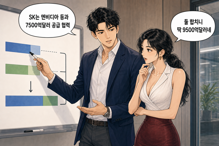 강태윤과 한서윤이 함께 등장하는 웹툰 4컷. 강태윤: SK는 엔비디아 등과 7500억달러 공급 협력 한서윤: 둘 합치니 딱 9500억달러네