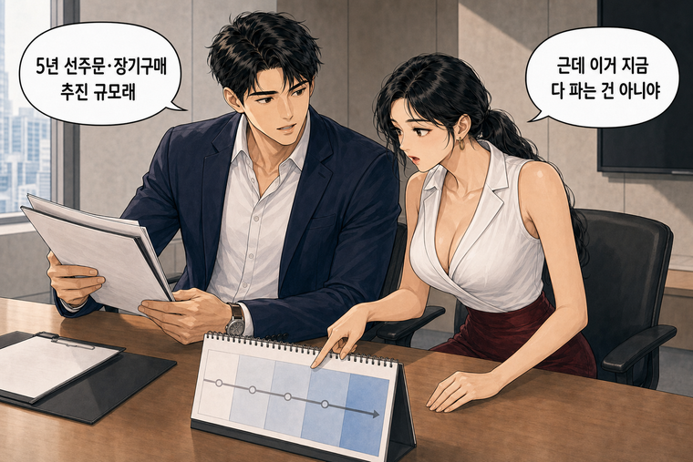 강태윤과 한서윤이 함께 등장하는 웹툰 5컷. 한서윤: 근데 이거 지금 다 파는 건 아니야 강태윤: 5년 선주문·장기구매 추진 규모래