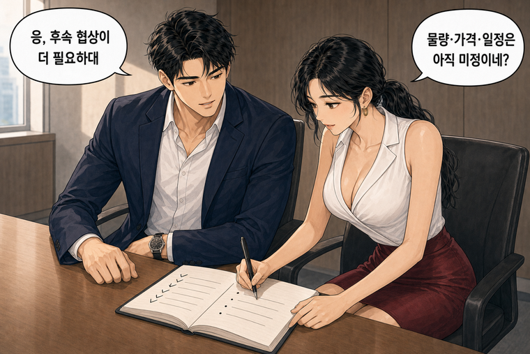 강태윤과 한서윤이 함께 등장하는 웹툰 6컷. 한서윤: 물량·가격·일정은 아직 미정이네? 강태윤: 응, 후속 협상이 더 필요하대