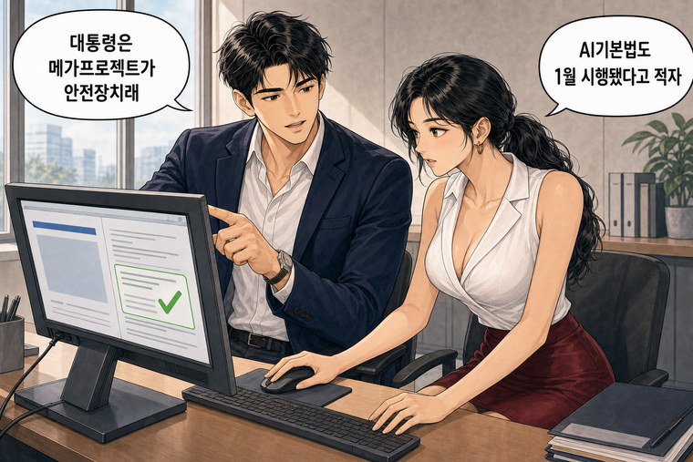 강태윤과 한서윤이 함께 등장하는 웹툰 7컷. 강태윤: 대통령은 메가프로젝트가 안전장치래 한서윤: AI기본법도 1월 시행됐다고 적자