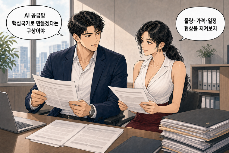 강태윤과 한서윤이 함께 등장하는 웹툰 8컷. 강태윤: AI 공급망 핵심국가로 만들겠다는 구상이야 한서윤: 물량·가격·일정 협상을 지켜보자
