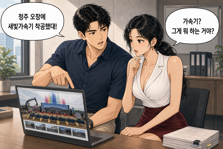 강태윤과 한서윤이 함께 등장하는 웹툰 1컷. 강태윤: 청주 오창에 새빛가속기 착공했대! 한서윤: 가속기? 그게 뭐 하는 거야?