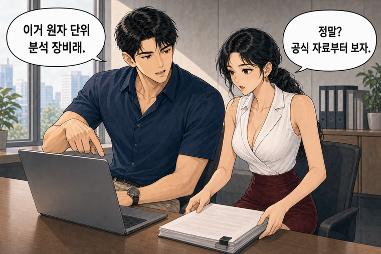 강태윤과 한서윤이 함께 등장하는 웹툰 2컷. 강태윤: 이거 원자 단위 분석 장비래. 한서윤: 정말? 공식 자료부터 보자.