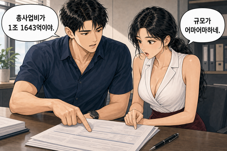 강태윤과 한서윤이 함께 등장하는 웹툰 3컷. 강태윤: 총사업비가 1조 1643억이야. 한서윤: 규모가 어마어마하네.