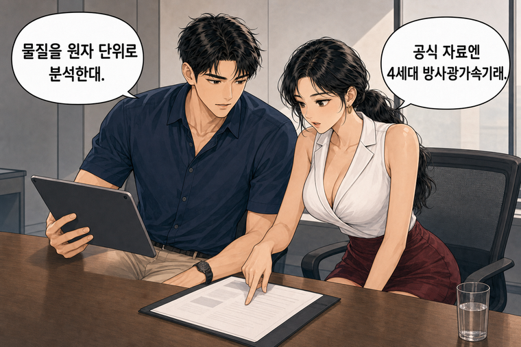 강태윤과 한서윤이 함께 등장하는 웹툰 4컷. 한서윤: 공식 자료엔 4세대 방사광가속기래. 강태윤: 물질을 원자 단위로 분석한대.