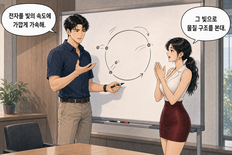강태윤과 한서윤이 함께 등장하는 웹툰 5컷. 강태윤: 전자를 빛의 속도에 가깝게 가속해. 한서윤: 그 빛으로 물질 구조를 본대.