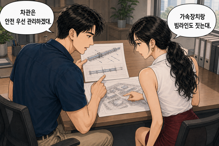 강태윤과 한서윤이 함께 등장하는 웹툰 6컷. 한서윤: 가속장치랑 빔라인도 짓는대. 강태윤: 차관은 안전 우선 관리하겠대.