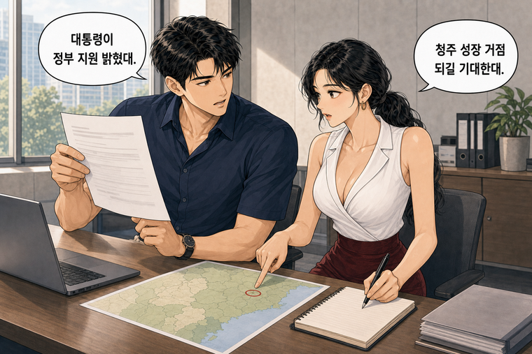 강태윤과 한서윤이 함께 등장하는 웹툰 7컷. 강태윤: 대통령이 정부 지원 밝혔대. 한서윤: 청주 성장 거점 되길 기대한대.