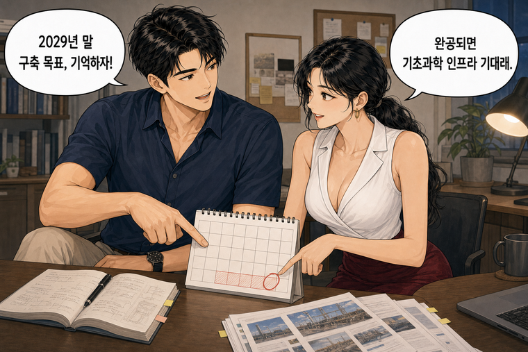 강태윤과 한서윤이 함께 등장하는 웹툰 8컷. 한서윤: 완공되면 기초과학 인프라 기대래. 강태윤: 2029년 말 구축 목표, 기억하자!
