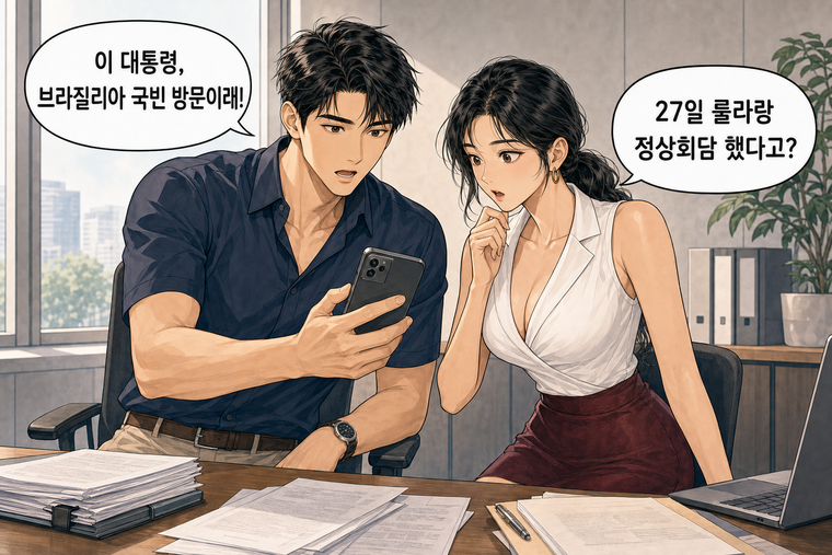 강태윤과 한서윤이 함께 등장하는 웹툰 1컷. 강태윤: 이 대통령, 브라질리아 국빈 방문이래! 한서윤: 27일 룰라랑 정상회담 했다고?