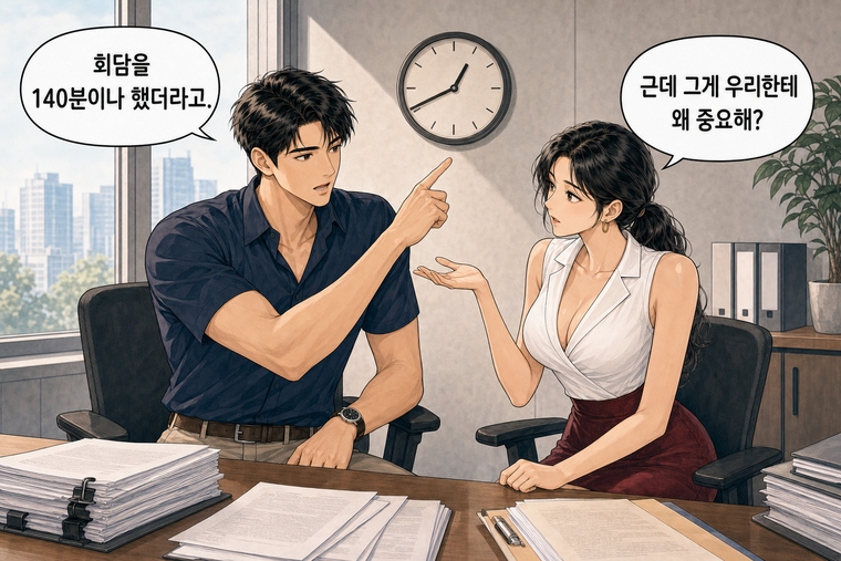 강태윤과 한서윤이 함께 등장하는 웹툰 2컷. 한서윤: 근데 그게 우리한테 왜 중요해? 강태윤: 회담을 140분이나 했더라고.