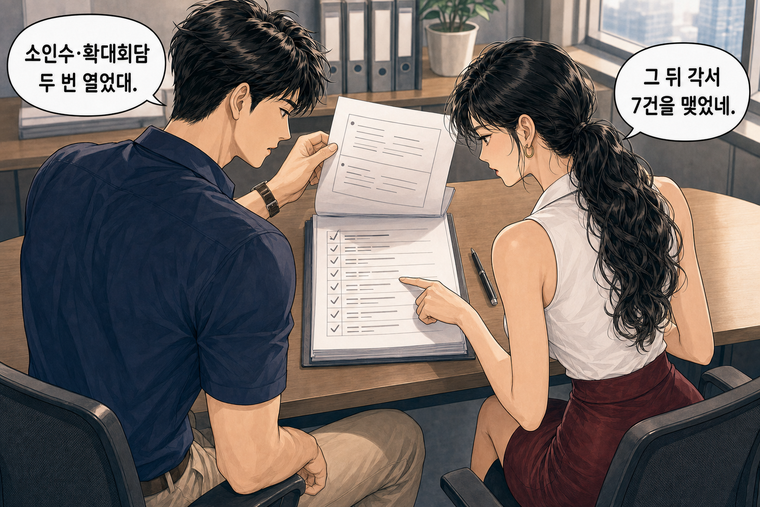 강태윤과 한서윤이 함께 등장하는 웹툰 3컷. 강태윤: 소인수·확대회담 두 번 열었대. 한서윤: 그 뒤 각서 7건을 맺었네.