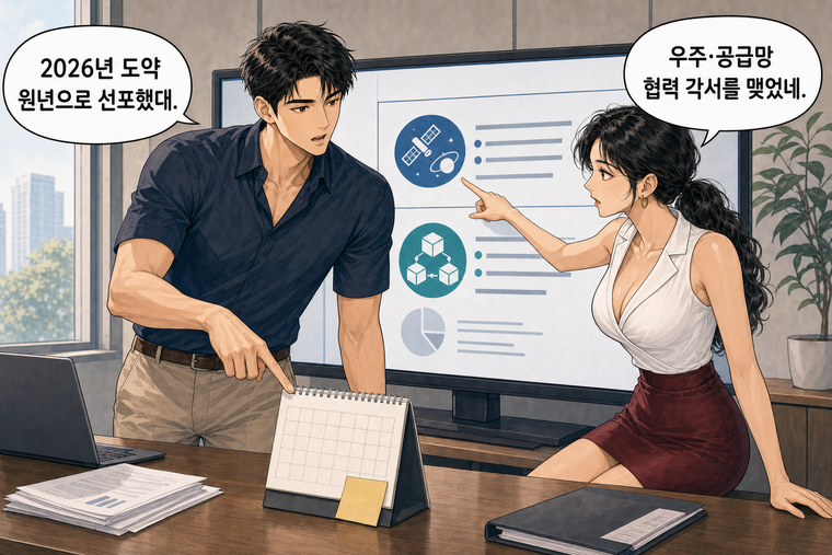 강태윤과 한서윤이 함께 등장하는 웹툰 4컷. 한서윤: 우주·공급망 협력 각서를 맺었네. 강태윤: 2026년 도약 원년으로 선포했대.