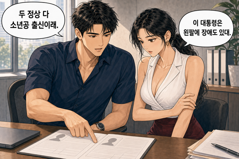 강태윤과 한서윤이 함께 등장하는 웹툰 5컷. 강태윤: 두 정상 다 소년공 출신이래. 한서윤: 이 대통령은 왼팔에 장애도 있대.