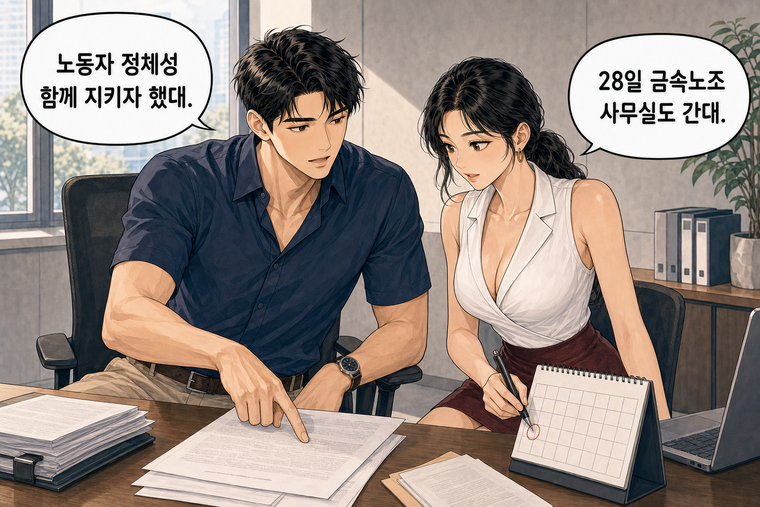 강태윤과 한서윤이 함께 등장하는 웹툰 6컷. 강태윤: 노동자 정체성 함께 지키자 했대. 한서윤: 28일 금속노조 사무실도 간대.