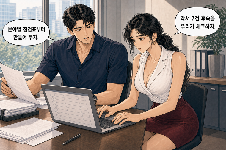강태윤과 한서윤이 함께 등장하는 웹툰 7컷. 한서윤: 각서 7건 후속을 우리가 체크하자. 강태윤: 분야별 점검표부터 만들어 두자.